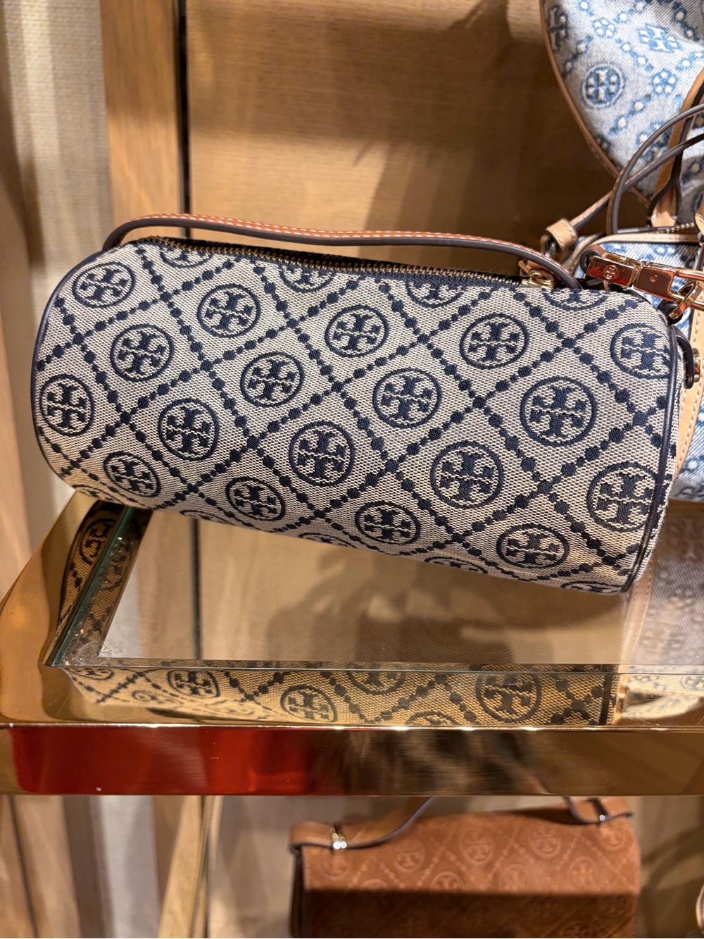 Tory Burch Navy and Cream Logo Jacquard Barrel Crossbody